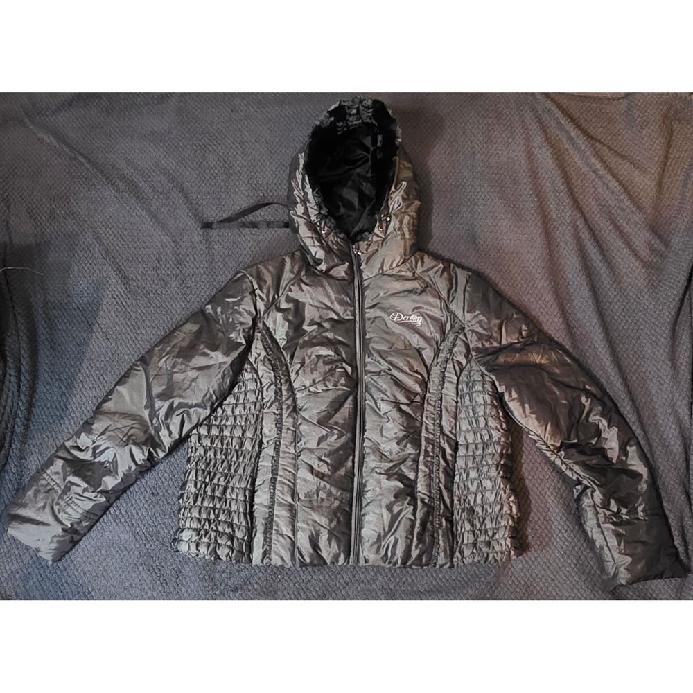 House of Dereon Womens Puffer Jacket Gray Faux Fur Hood Quilted Coat HDIG8002